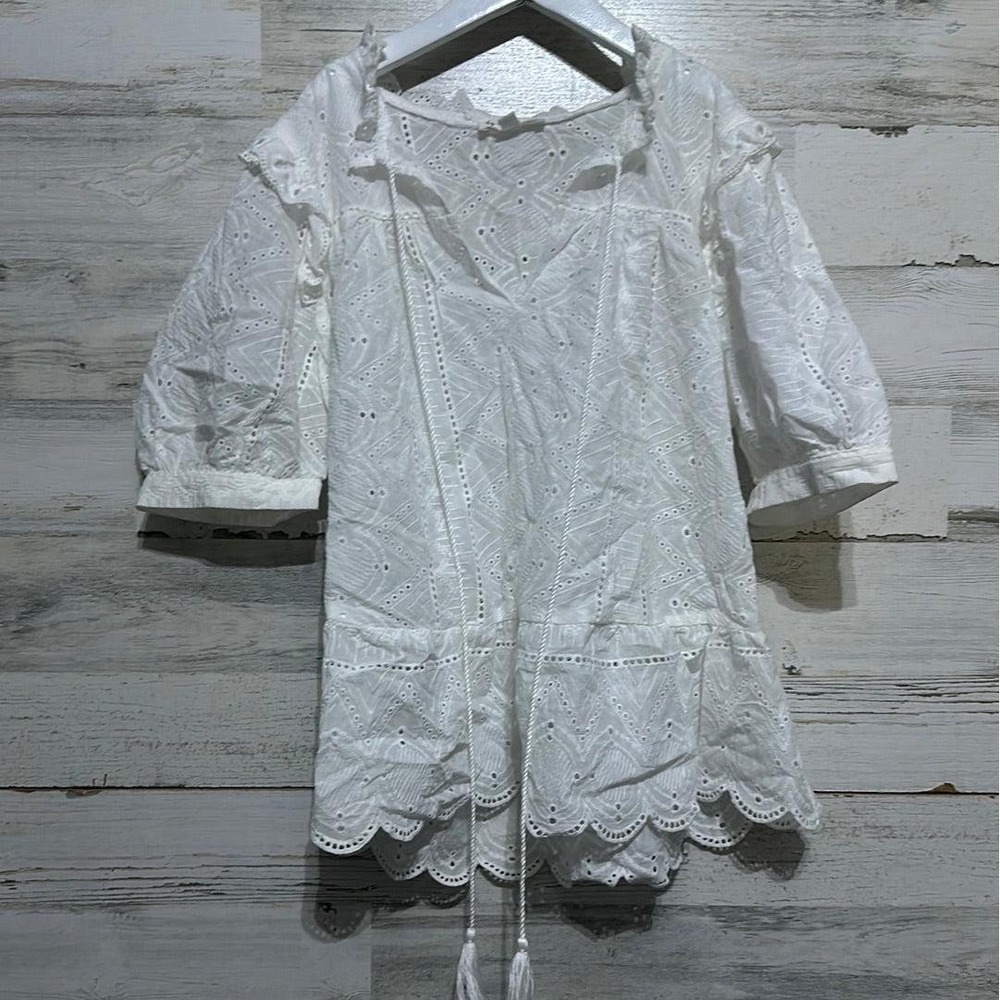 By The River Eyelet Lace Top Women Small White Boho Ruffle Scallop EUC